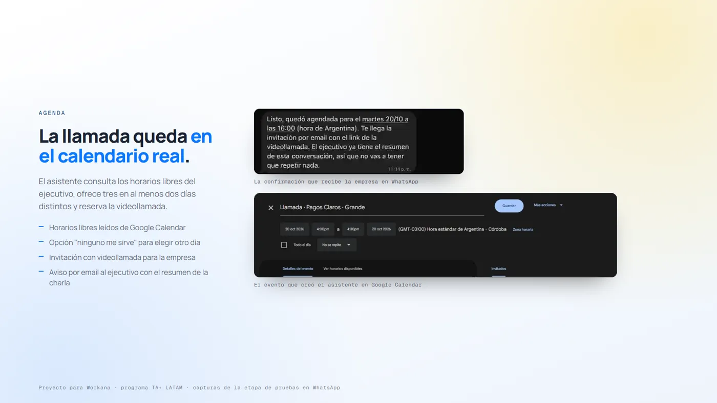 la confirmación y el evento en Google Calendar